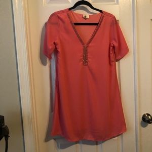 Pink Beaded  V-neck Shift Dress